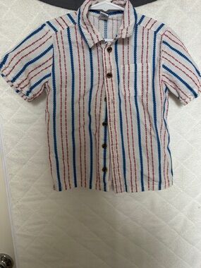 Old Navy White Short-Sleeve Button-Down with Red & Blue Stripes